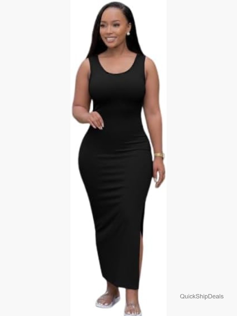 Sexy Bodycon Maxi Dress U-Neck Short Sleeve Side Split Summer